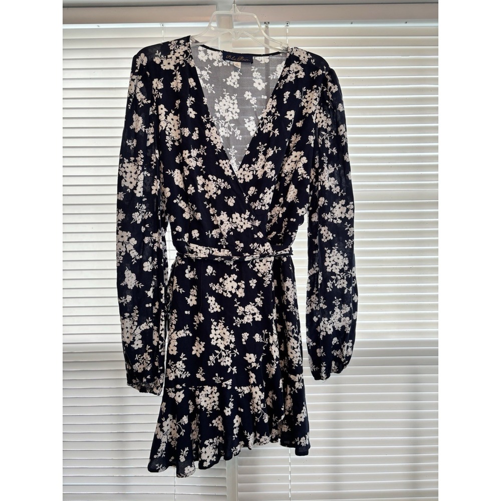 Blue Rain Floral Mini Wrap Dress L Navy/White Romantic Beach Vacation Holiday‎
